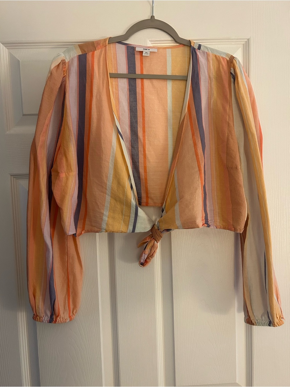 Bar III Multi-Stripe Tie-Front Cropped Top - Peach & Pastel